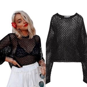 Zara Open Crochet Knit Dark Burgundy with Sequins Relaxed Fit Sweater Top